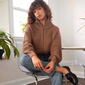 Reformation Dani Full Zip Cardigan Sweater Taupe Brown Cotton Knit Sz S